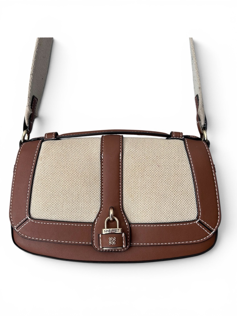 Nine West Canvas Faux Leather Trim Padlock Purse Crossbody Strap
